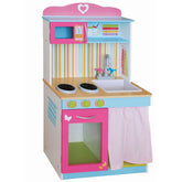 Huitich wooden kids play kitchen set with colorful design, sink, stove, and storage shelves